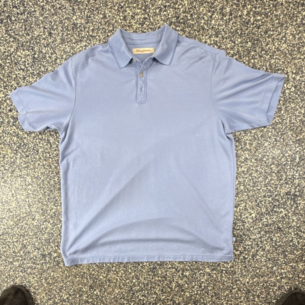 Tommy Bahama Light‎ Blue Striped Men's Polo Shirt L Modal Polyester Button
